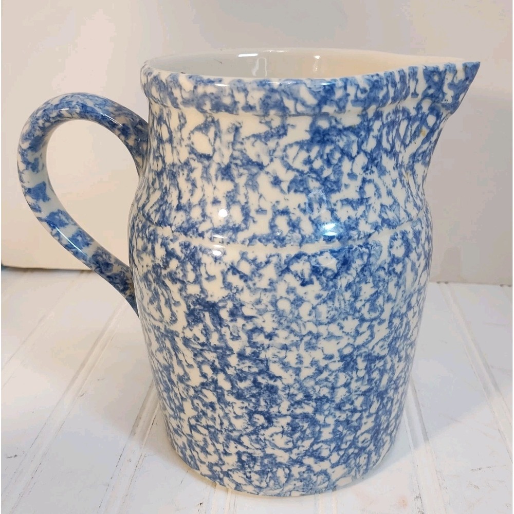 VTG Friendship Pottery Spongeware Blue White 2 Qt Pitcher Jug 7.5" Farmhouse